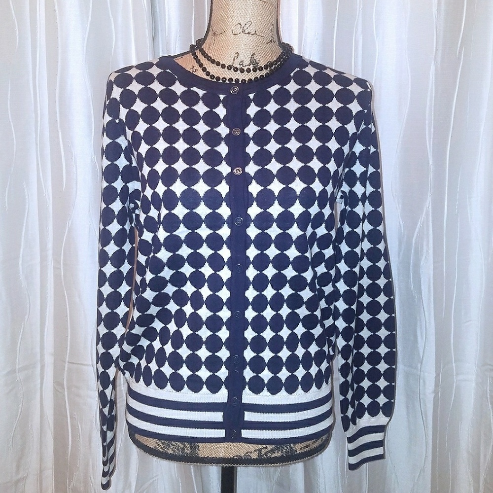 NWT Foxcroft Navy and White Geometric Dot Cardigan